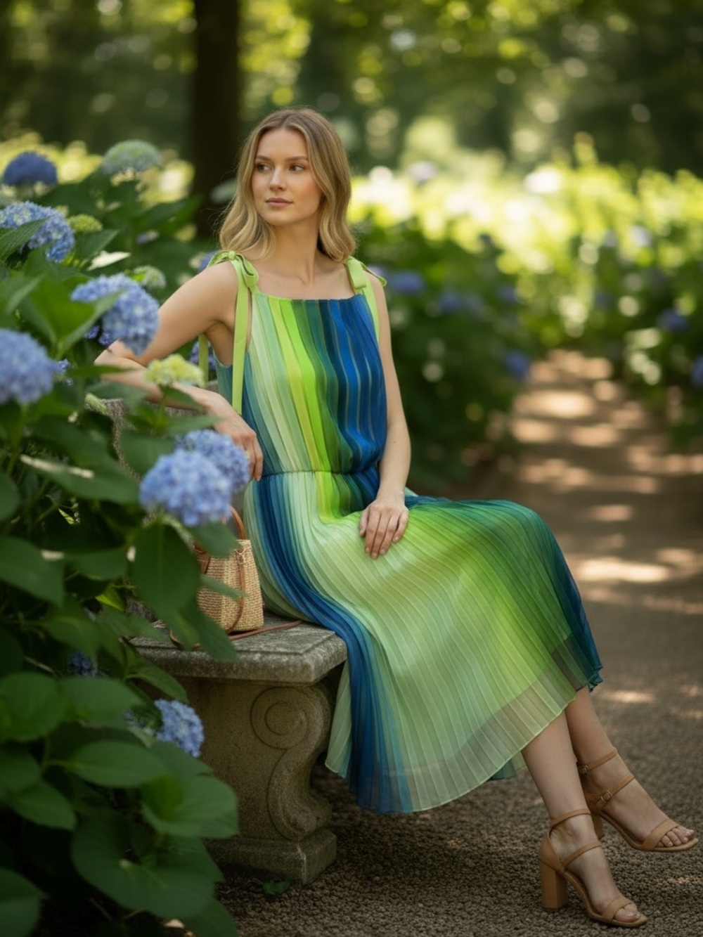 ELIE TAHARI Blue and Green Ombre Pleated Tie-Shoulder Midi Dress - Picture 4 of 7